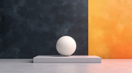 Poster - White Sphere on Grey Concrete Podium Against Black and Orange Walls