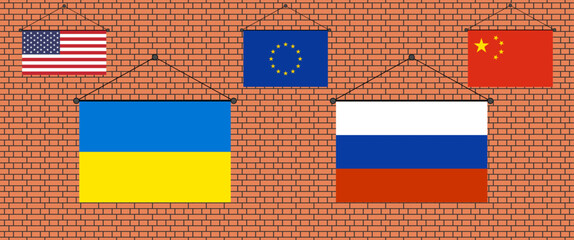 Aufkleber - Vector illustration of world flags set including Ukraine, United States, China, European Union and Russia in original proportions isolated on brick wall background