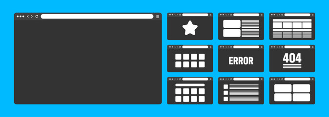 Fototapete - Web browser window, pages layout with toolbar and search field. Modern website, internet page in flat style. Browser mockup for computer, tablet and smartphone. Adaptive UI. Vector illustration