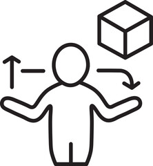 Poster - Person icon with arrows indicating movement and cube represents concept of 3D modeling or spatial awareness. simple line art style conveys sense of direction and dimension