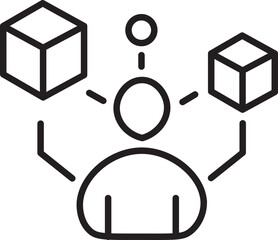 Poster - Minimalist line art illustration depicts person juggling two cubes, symbolizing multitasking or balance. simple design uses geometric shapes to convey concept effectively