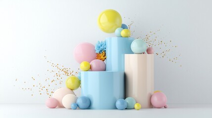 Poster - Pastel Spheres and Cylinders on a Textured White Background