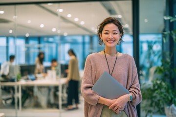 Aufkleber - Smiling Businesswoman Holding Laptop in Modern Office, Representing Leadership and Workplace Diversity, Ready for Digital Transformation and Innovation : Generative AI