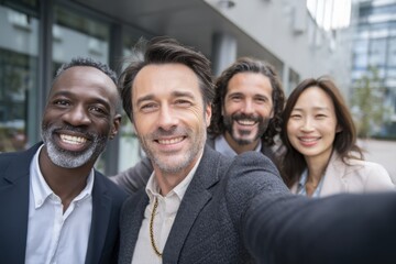 Aufkleber - Diverse Business Team Taking Selfie Outside Office Building, Representing Collaboration and Corporate Culture With a Modern Approach to Teamwork : Generative AI