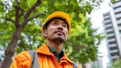 Poster - Asian Construction Worker in Hard Hat Looking Upward, Representing Visionary Leadership and Infrastructure Development in Urban Setting : Generative AI