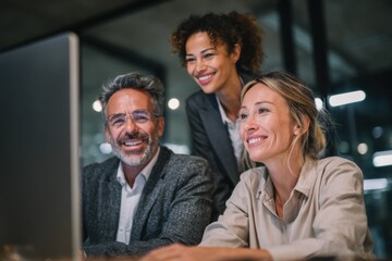 Aufkleber - Diverse Business Team Collaborating on a Computer Screen, Illustrating Teamwork and Corporate Growth in a Modern Office Environment With a Positive Atmosphere : Generative AI