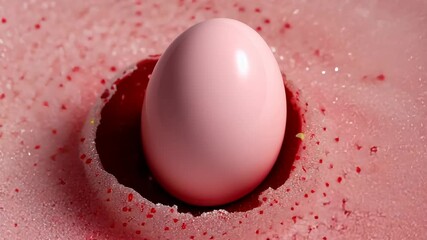 Poster - Pink egg is sitting in a hole in a pink surface. The egg is surrounded by a pink and red background. The egg is the main focus of the image, and the pink and red colors create a warm