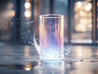 Poster - Glowing Glass of Water with Splash and Light Effects