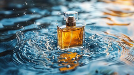 Poster - A beautiful bottle of perfume floats on the surface of a tranquil pool, creating gentle ripples in the water as the sun sets, casting warm tones on the scene