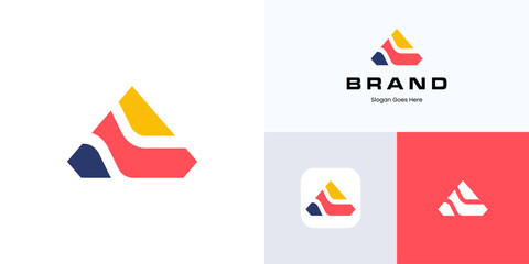 Fototapete - Modern triangle shapes with colorful style concept, Logo icon design vector three element editable, Minimal symbol prims sign for brand identity and business company logotype