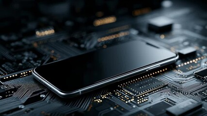 Poster - futuristic smartphone resting on a complex circuit board, symbolizes cutting-edge mobile technology and interconnected digital landscape