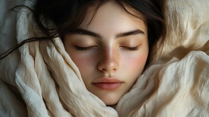 Poster - A young woman with dark hair sleeps peacefully, her eyes closed and face gently framed by soft fabric, radiating tranquility in a cozy setting