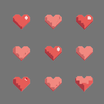 Pixel Hearts: A series of charming pixelated hearts, each a unique shade of red and pink, evokes feelings of nostalgia and digital affection.