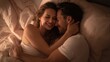 © PengAI - A loving couple cuddles and smiles together in bed, sharing an intimate and joyful moment under soft, warm lighting.