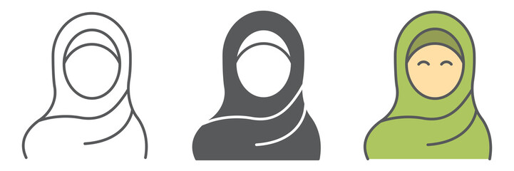 Poster - Woman wearing hijab icon collection, arab girl and religion, muslim woman vector icon set, vector graphics, editable stroke outline sign, eps 10