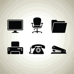 Fototapete - Office equipment icons isolated on white background featuring a computer, chair, folder, printer, telephone, and stapler in a simple black silhouette design.