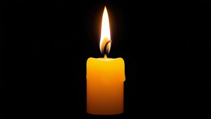 Poster - Close up of burning yellow wax candle on black background with melted wax dripping down sides