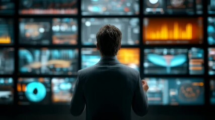 Poster - businessman overseeing complex data visuals on a multi-screen display, managing information flow, analyzing business intelligence