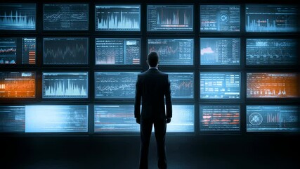  - executive analyzing complex financial data displayed across multiple monitors in a futuristic control room environment