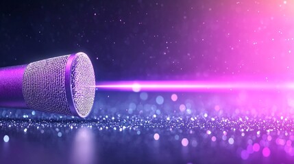 Poster - Purple And Pink Glowing Microphone With Light Beam On Glitter Background