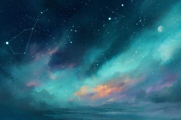 Wall Mural - Teal Night Sky with Purple and Orange Clouds