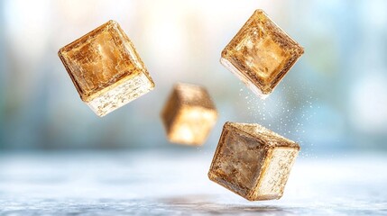 Poster - Golden Cubes Levitating Against a Soft Blue Background