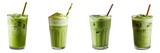 Set of iced matcha latte with straw isolated on a transparent background