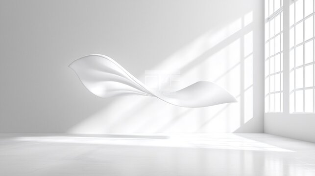 Abstract White Fabric Flowing in Modern Room with Sunlight