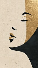 Poster - Elegant abstract profile of a woman with gold accents on textured background highlighting beauty and art