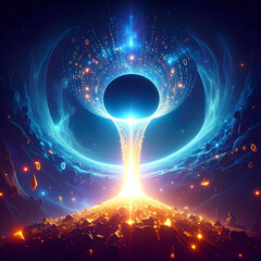 Wall Mural - Science inspired abstract depiction of future cosmic event with glowing particles and energy flowing from dark sphere in space