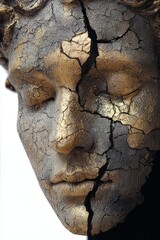 Poster - Cracked sculpture of a serene face showcasing intricate details and contrasting textures