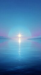 Poster - Calm ocean reflecting a vibrant sunrise over distant mountains in serene blue hues at early dawn