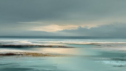 Poster - Tranquil seascape at dawn with soft waves and a calm atmosphere reflecting muted colors