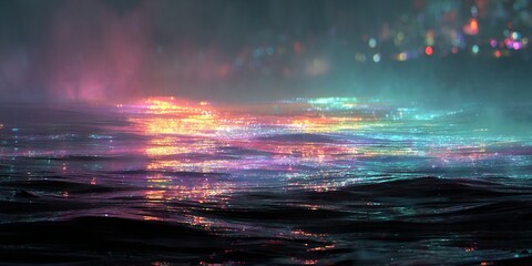 Poster - Colorful reflections dance on the water's surface at dusk near the city skyline