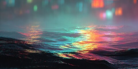 Poster - Vibrant reflections on calm water during a hazy evening in a city atmosphere
