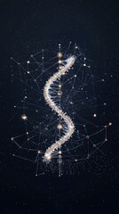 Poster - Rotating DNA Strand Graphic with Golden Particles on Dark Blue Background
