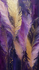 Poster - Stunning abstract artwork featuring golden feathers against a vibrant purple background in a creative setting