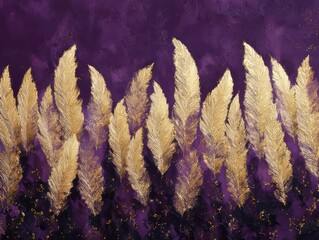 Poster - Golden feathers against a rich purple background create an elegant artistic display in a contemporary setting