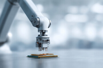 Poster - Robotic arm precisely assembling a circuit board, symbolizing technology, automation, and precision. Perfect for illustrating innovation, manufacturing, or AI advancements.