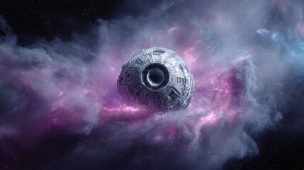 Poster - Futuristic sphere in nebula, symbolizing advanced technology, science fiction, and space exploration. Perfect for innovation, data analysis, and cosmic themes.