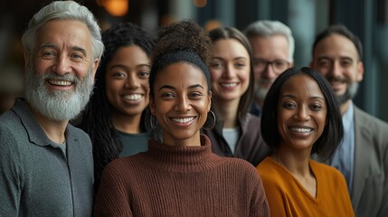 Fototapete - A vibrant group of diverse professionals stands together, all smiling warmly. They are in a modern office environment, reflecting camaraderie and unity among colleagues