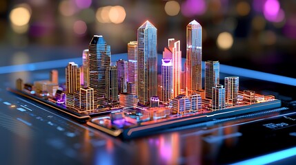 Futuristic Smart City Model on Digital Platform Illuminated Skyscrapers Neon Lights Technological