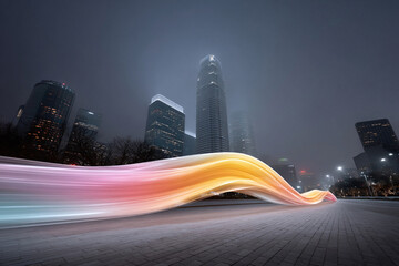 Poster - Dynamic light streak flows through a modern cityscape at night, symbolizing innovation, speed, and connectivity.  Perfect for tech, communications, or futurefocused projects.