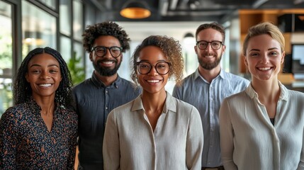 Fototapete - A diverse group of five professionals stands together, all smiling and dressed in business casual attire