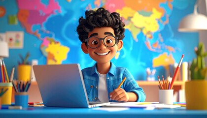 Cheerful boy with laptop studying with smiling with world map background Home school.