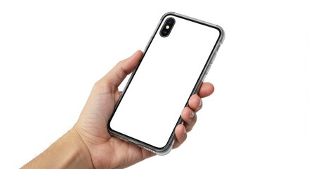Holding Mobile Smartphone With White Screen Isolated On White Background