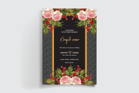WEDDING INVITATION FRAME WITH FLOWER DECORATIONS AND FRESH LEAVES