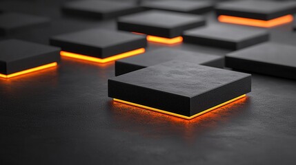 Poster - Isometric Glowing Orange Blocks on Black Reflective Surface