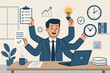 © Jane - Efficient office productivity: Multitasking businessman juggling tasks, time management, ideas, and projects. Versatile professional with many hands achieving goals. Workplace efficiency.