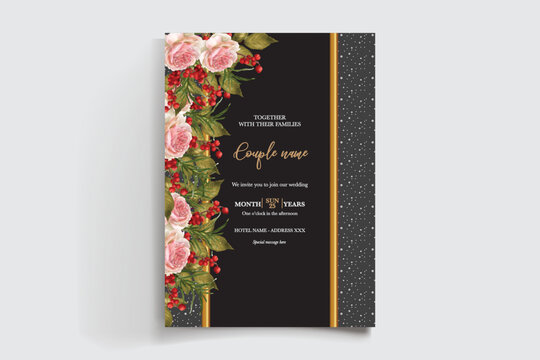 WEDDING INVITATION FRAME WITH FLOWER DECORATIONS AND FRESH LEAVES